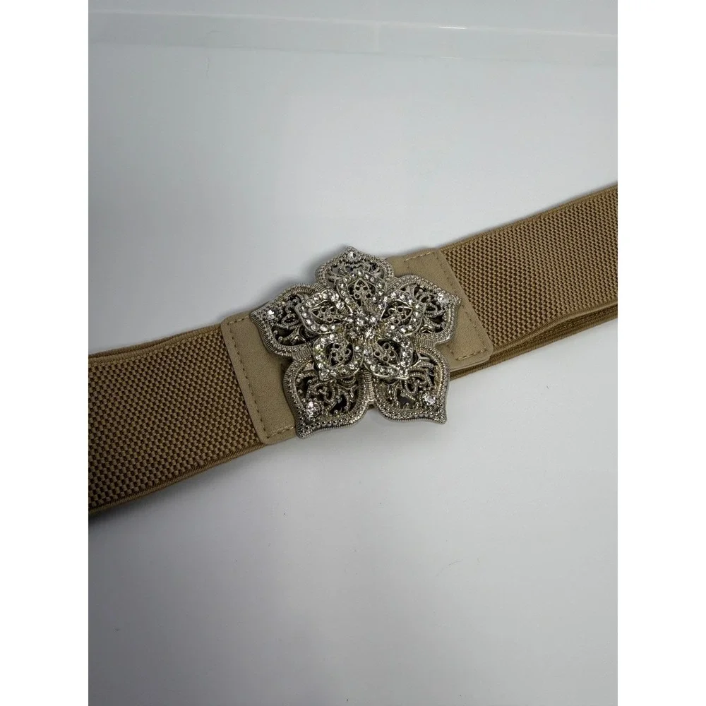 Rhinestone Floral Stretch Waist Belt Y2K Boho Glam‎ Beige 40